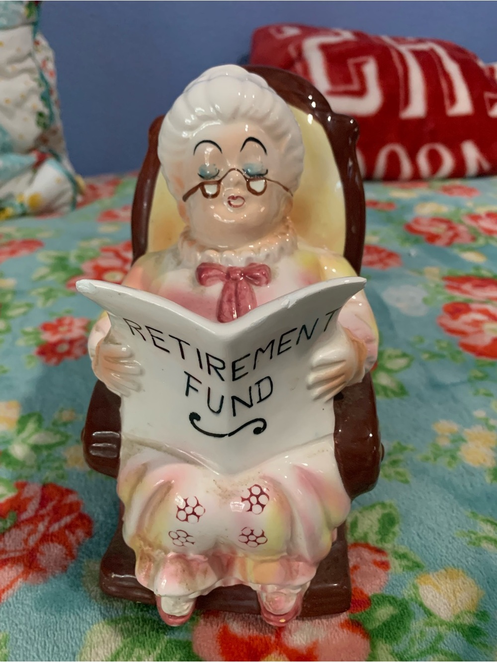 Lefton China #4293 Porcelain Retirement Fund Rocking Granny Piggy Bank